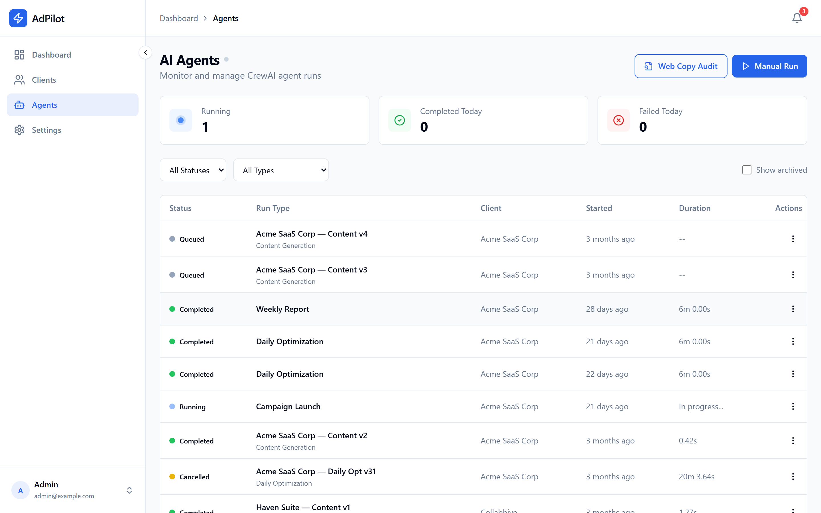 AI agents: CrewAI run history with status, duration, and client