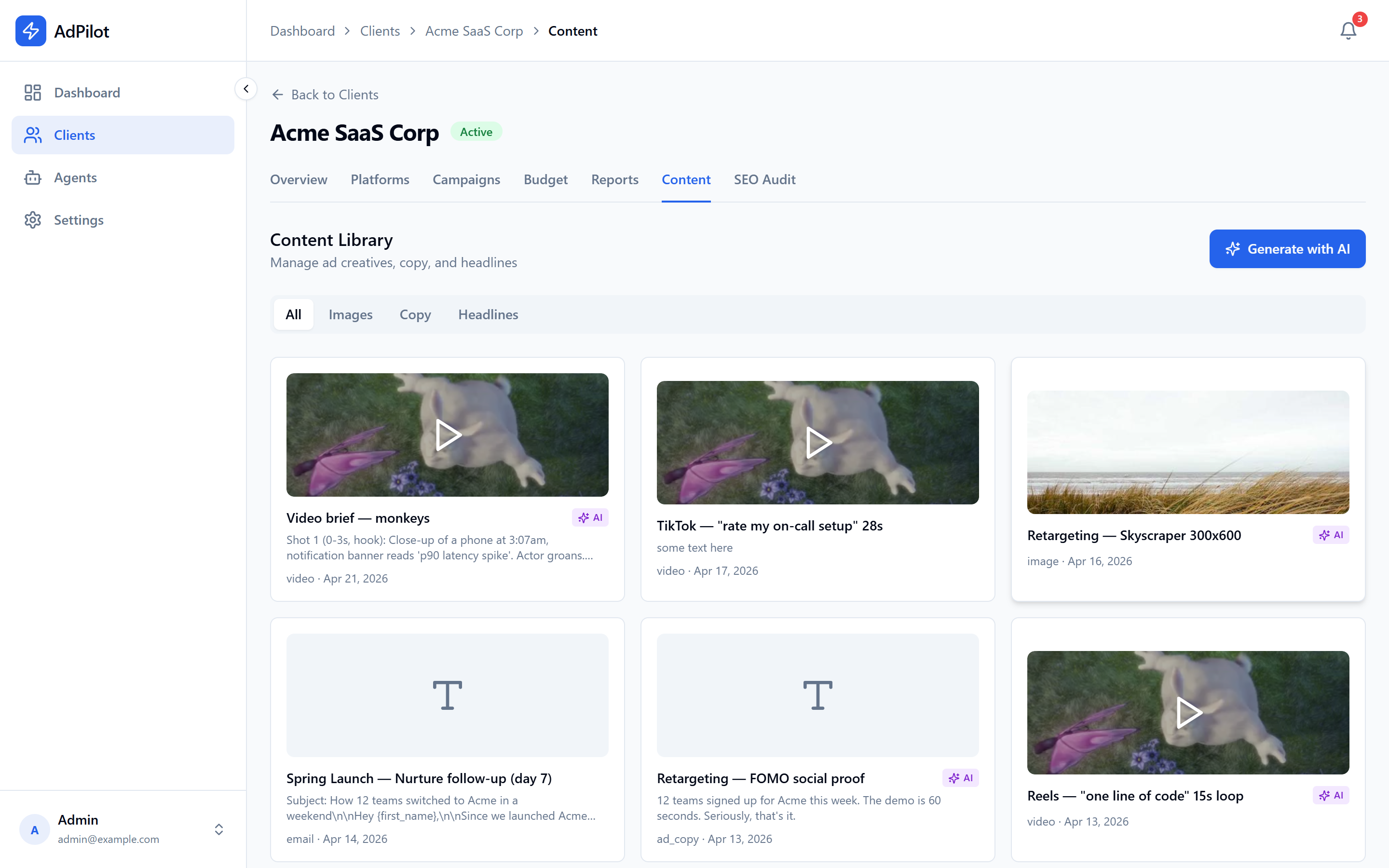 Content library: AI-generated ad creative, copy, and headlines