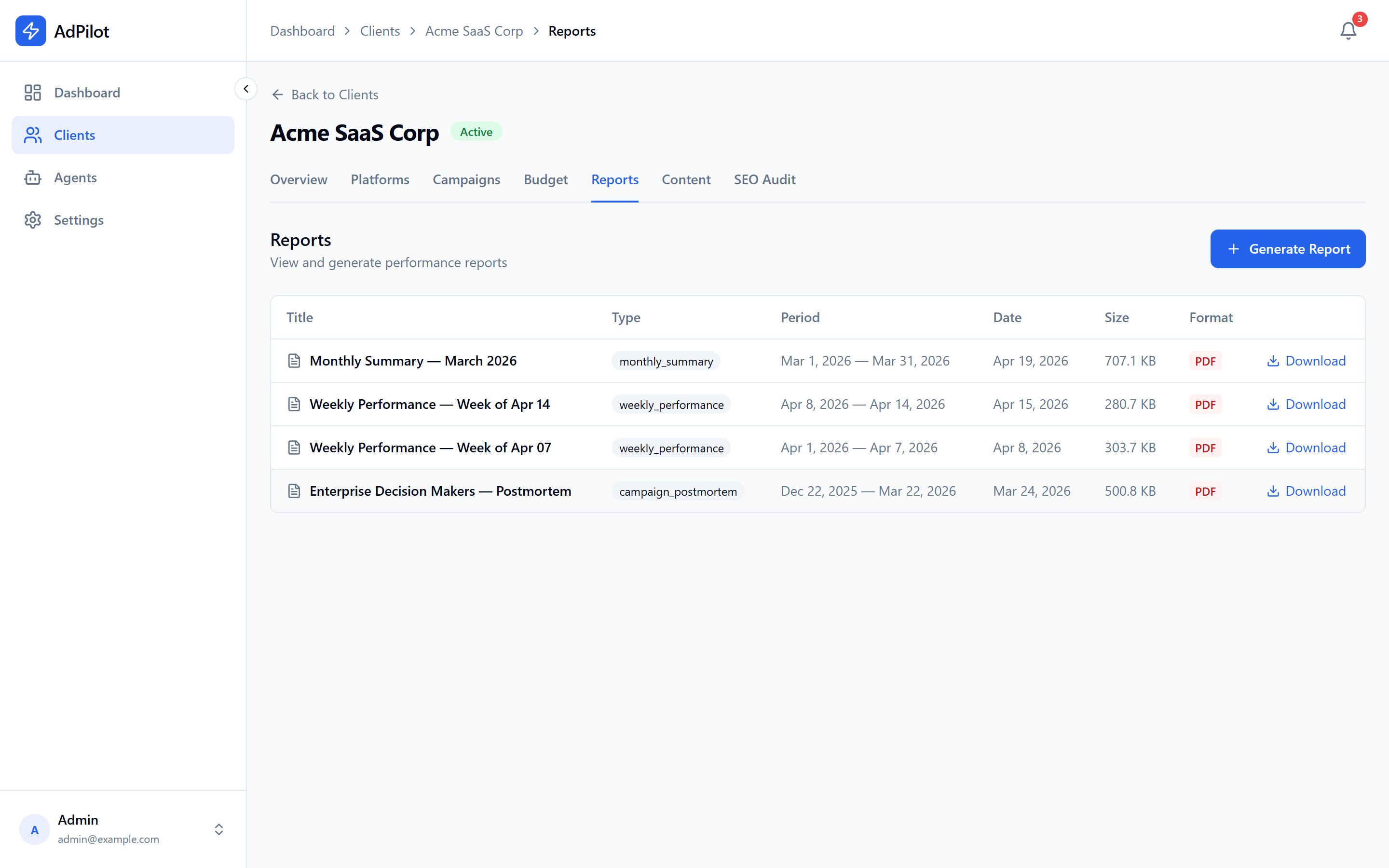 Reports: generated performance PDFs by period and type